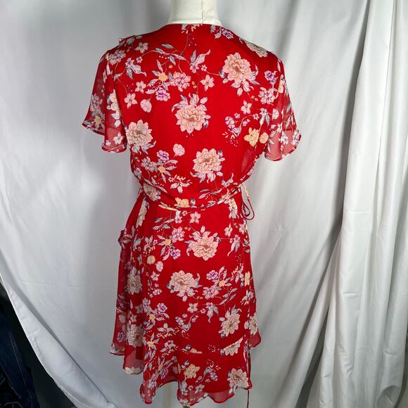 Lush Red Floral Wrap Dress Women's Medium Short Sleeve Ruffle Chiffon Lined - Picture 6 of 15
